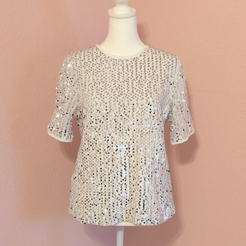 White Silver Sequin Mesh Short Sleeve Top Party Holiday Sparkly Womens S